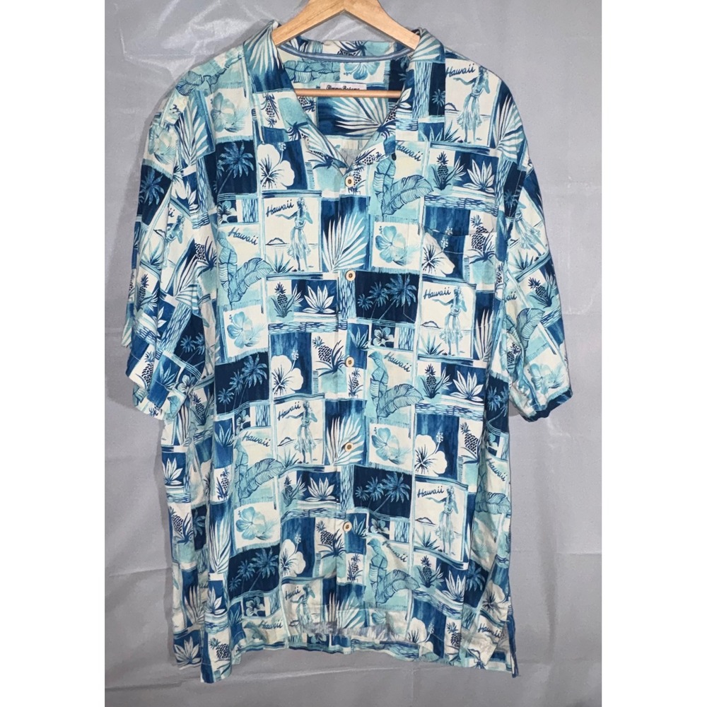 Tommy Bahama Mens XXL Silk Aloha Shirt Blue Hula Patchwork Camp Button Down